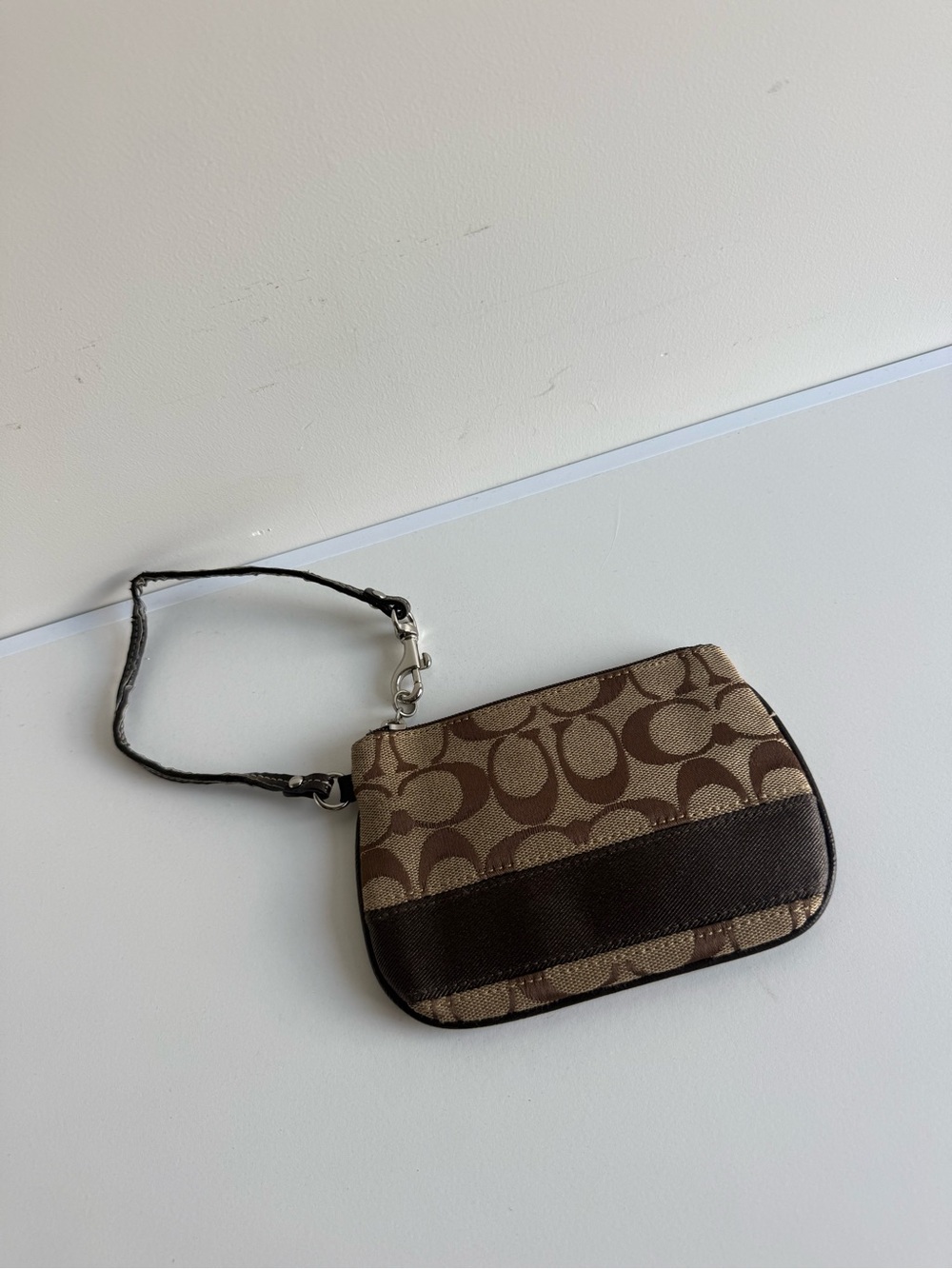 Coach Brown Signature Canvas Wristlet with Dark Brown Trim